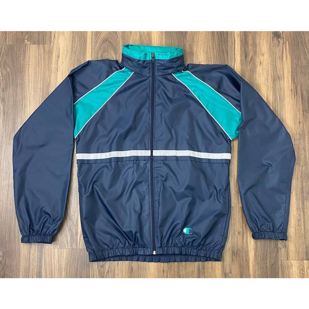 VTG 90s RETRO Champion colorblock stripe zip-up nylon windbreaker track jacket S